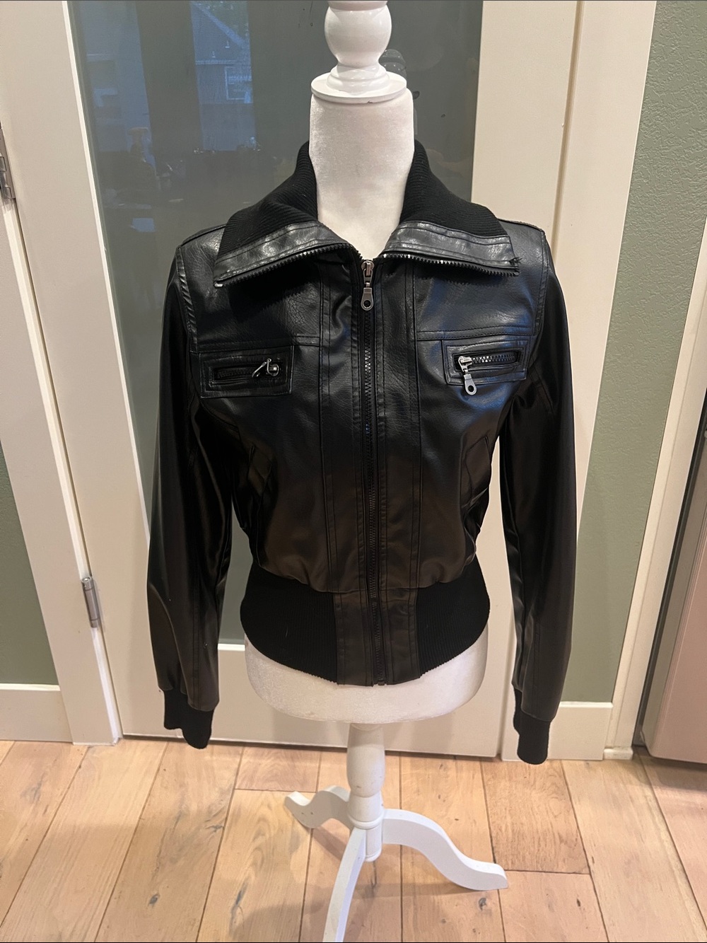 Miley Cyrus & Max Azria Black Faux Leather Bomber Jacket